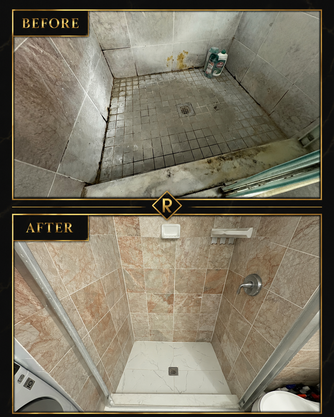 Before and after images of a shower renovation. The 'before' shows a dirty, grimy shower with stained tiles and mold. The 'after' displays a clean, modern shower with new tiles, a drain, and a soap holder.