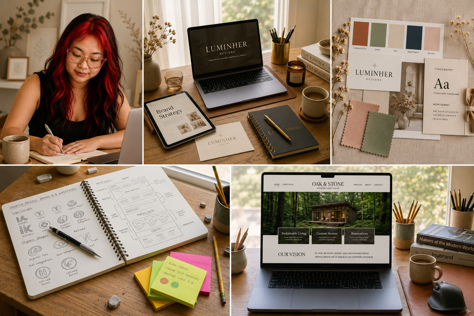 Collage of images showing a woman working at a desk, a workspace with a laptop, notebooks, and design materials, a color palette and design samples, a sketchbook with design ideas, and a laptop displaying an architectural firm website.