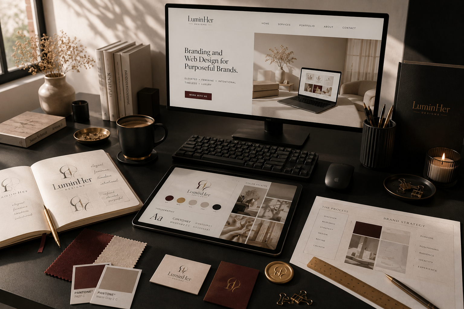Desk workspace with branding materials, a computer monitor displaying a design website, an iPad showing branding palette, notebooks, fabric swatches, color samples, a cup of coffee, stationery, and decorative items.