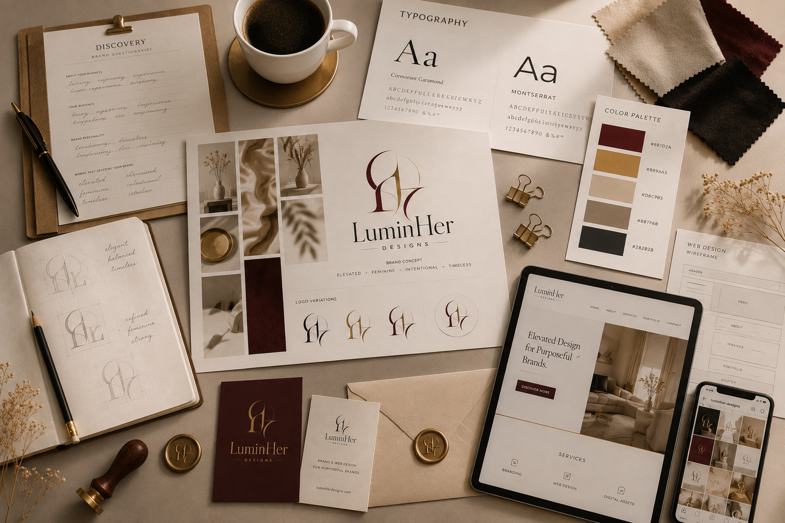 Flat lay of branding and design materials for LuminHer Designs, including logo sketches, color palette, fabric swatches, a tablet displaying their website, printed brand concept pages, a business card, a cup of coffee, and decorative items.