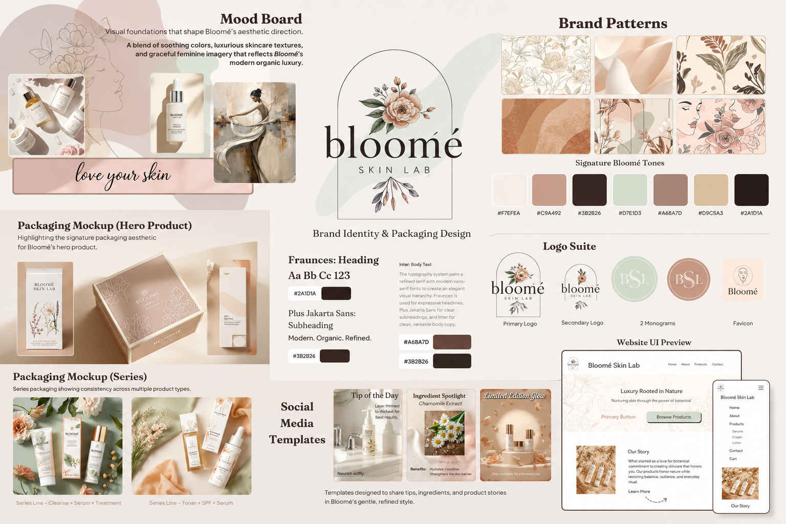 A branding mood board for Bloome Skin Lab featuring skincare product packaging mockups, brand patterns in neutral tones, signature tone swatches, logo options including primary and secondary, social media templates, and a website UI preview.