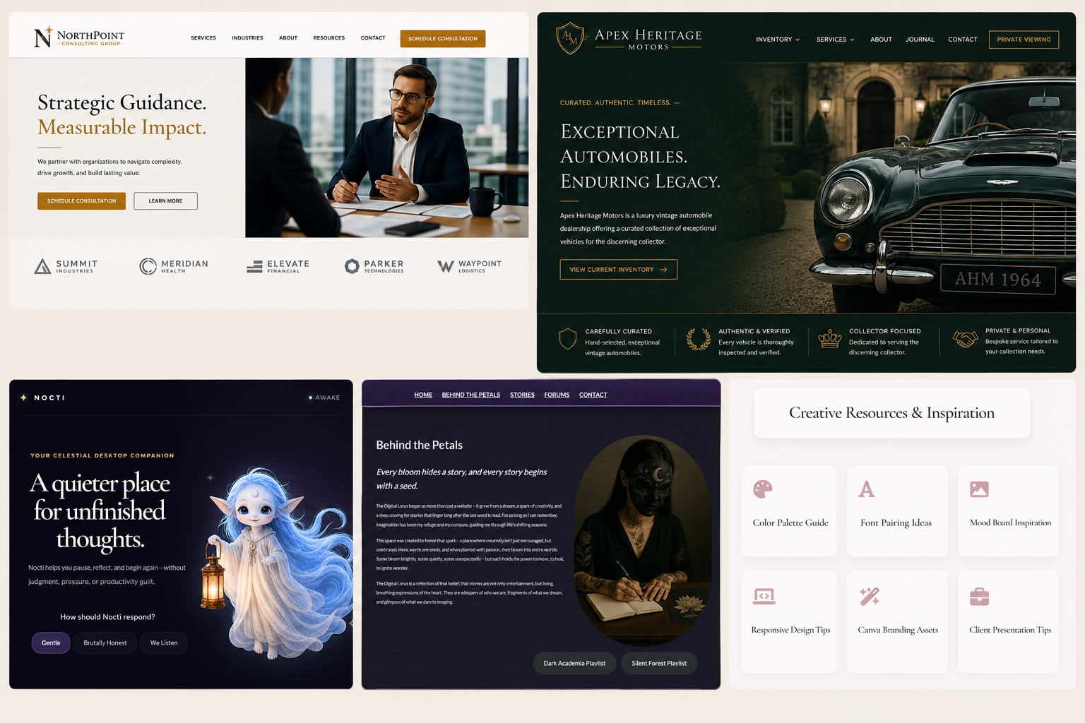 A digital collage of five website screenshots showcasing various topics such as consulting, luxury automobiles, a celestial digital desktop companion, behind-the-scenes story, and creative resources.