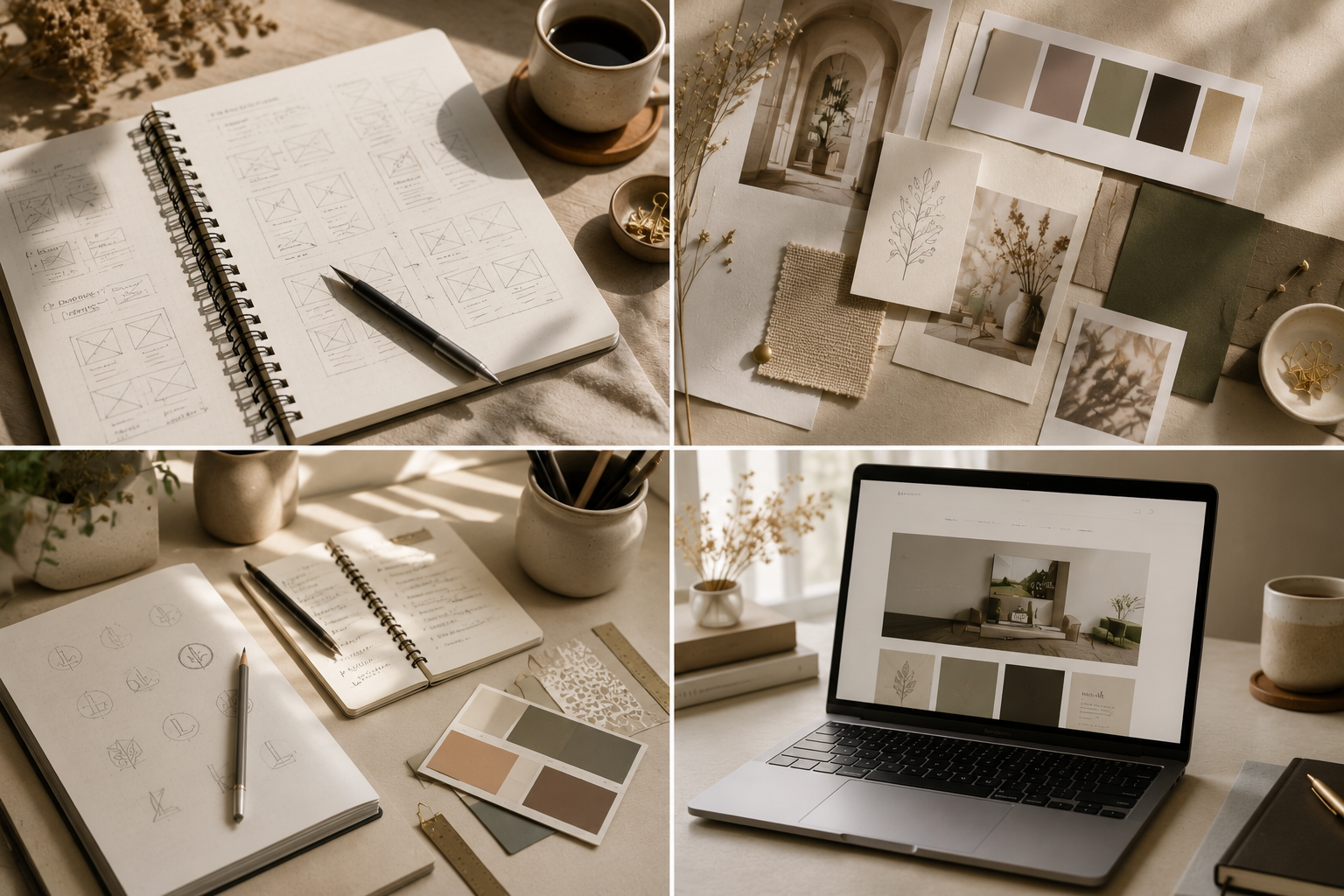 A collage of four images showcasing a creative workspace with notebooks, sketches, color palettes, photographs, a laptop, and cups of coffee.