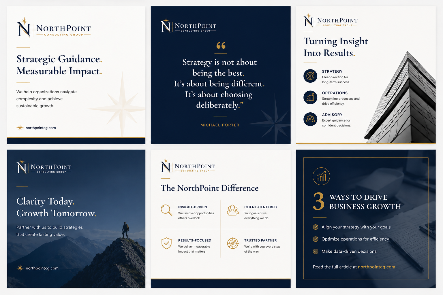 A collage of six presentation slides from NorthPoint Consulting Group discussing their services and philosophy, featuring blue, white, and gold color schemes, company logo, key messages, icons, and a mountain landscape.