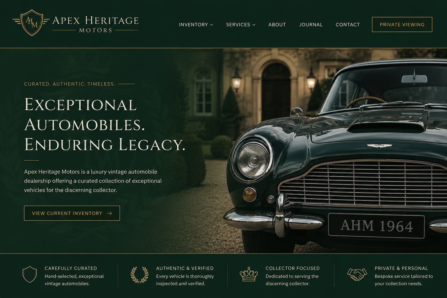 Luxury vintage black Aston Martin with front grille and license plate AHM 1964 parked in front of a house. Website for Apex Heritage Motors with menu options and text about curated, authentic, timeless automobiles.