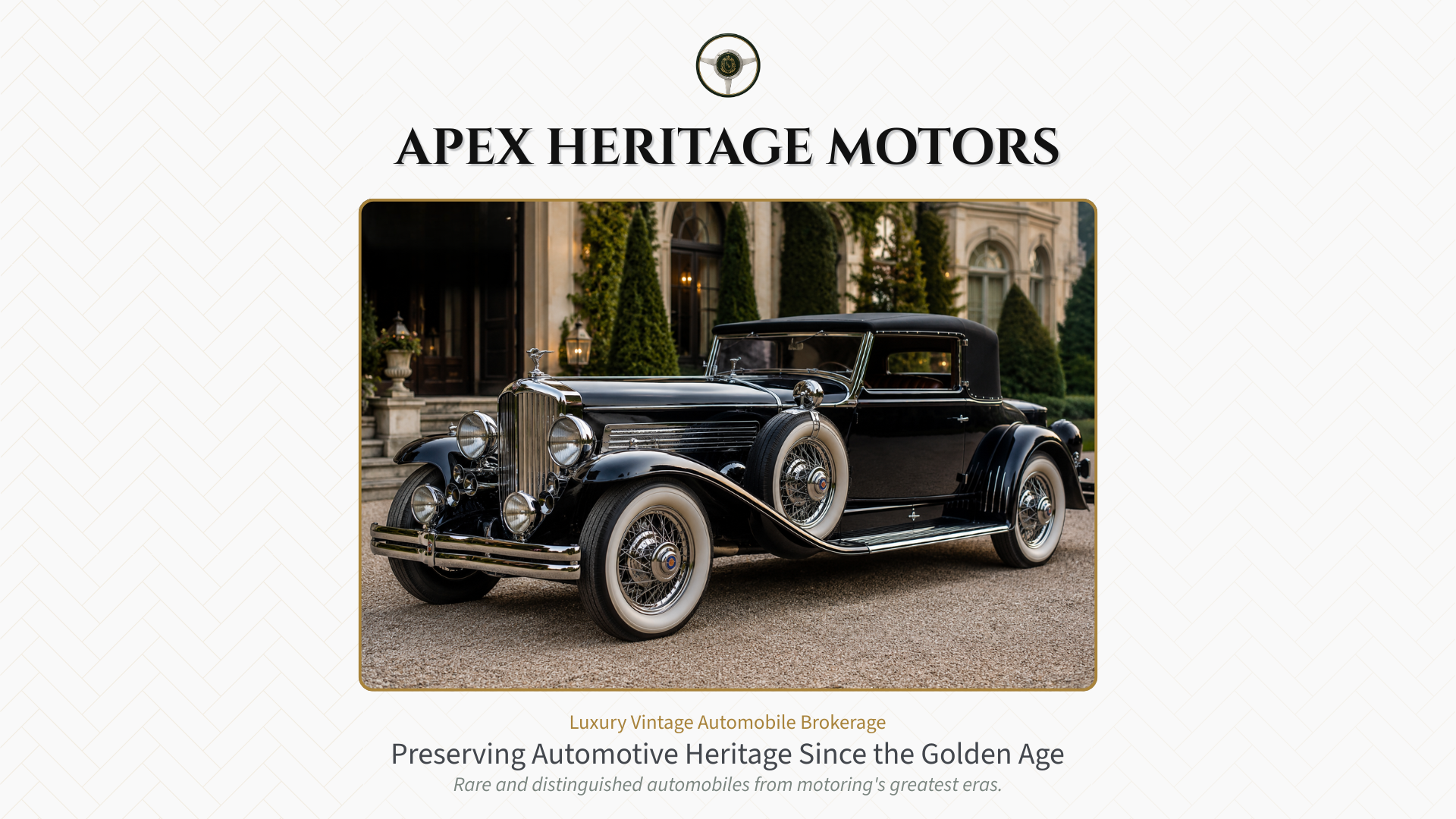A vintage black luxury car with chrome details parked in front of a historic building with lush greenery.