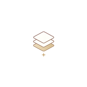 A stylized icon with layered geometric shapes resembling a stack, with a small star or sparkle beneath it, on a black background.