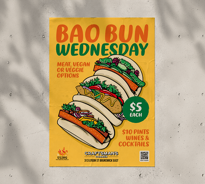 A1 Bao Bun Wednesdays street poster designed for Craftsman's Corner, featuring custom illustration and bold hospitality branding displayed as a Melbourne paste-up.