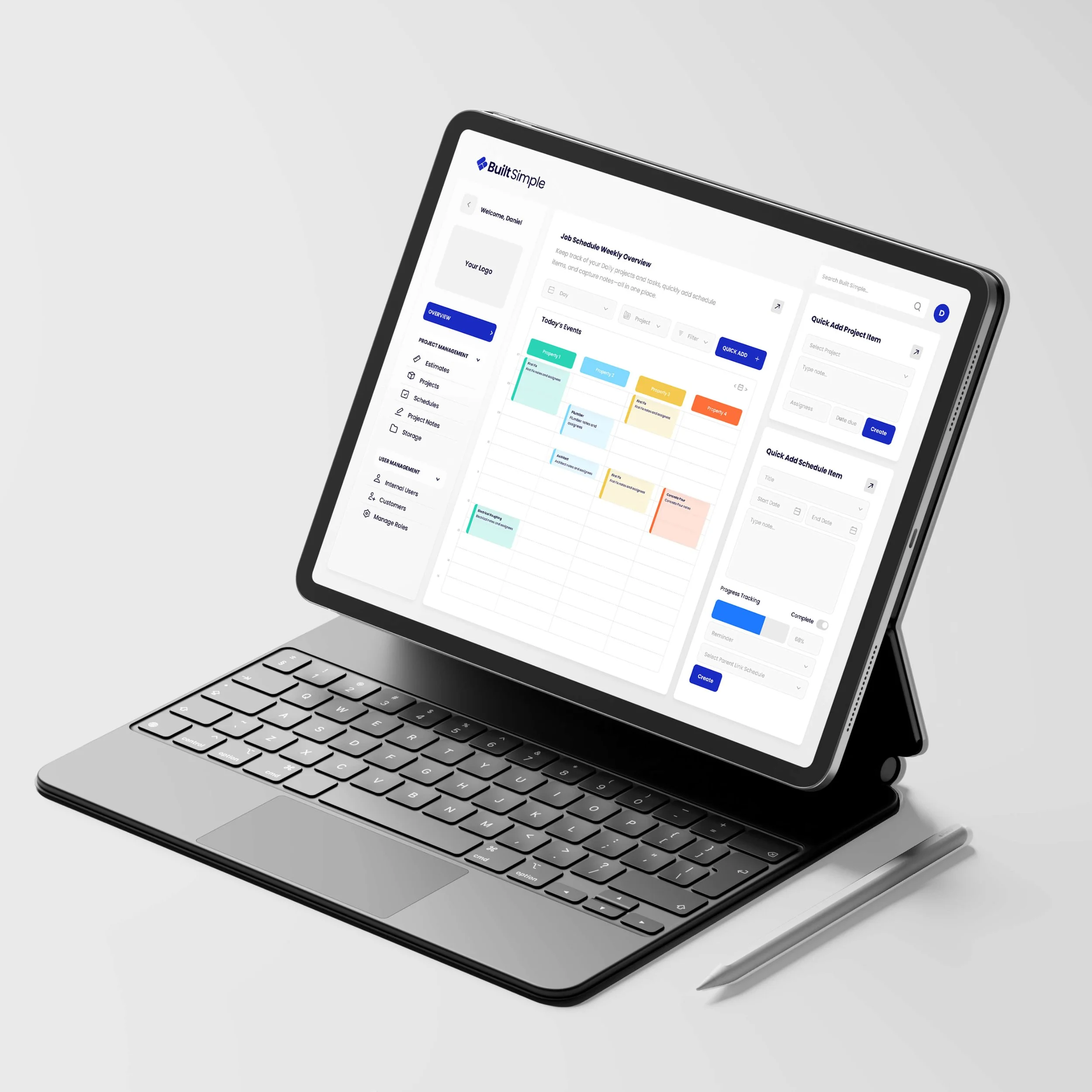 Dashboard interface designs for the Built Simple construction project management platform, showcasing project scheduling, task management and workflow tools.