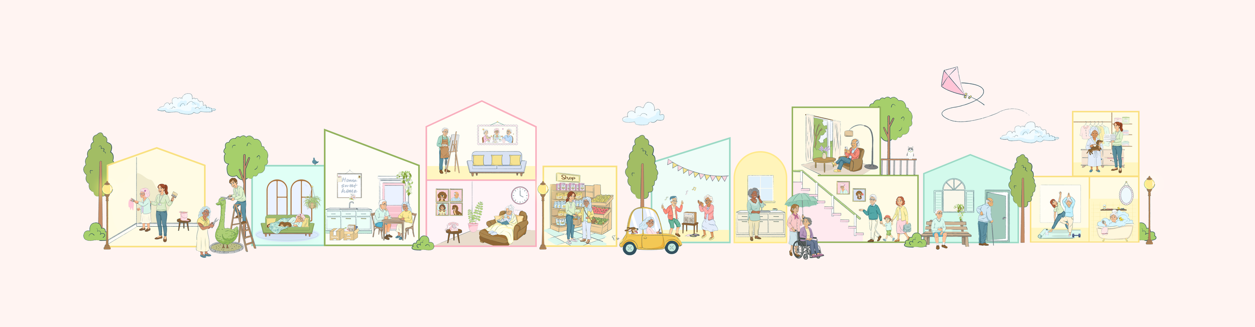 Custom hero illustration created for the CareAbout online directory, visually representing aged care comparison with approachable characters, accessible design and a welcoming digital experience.