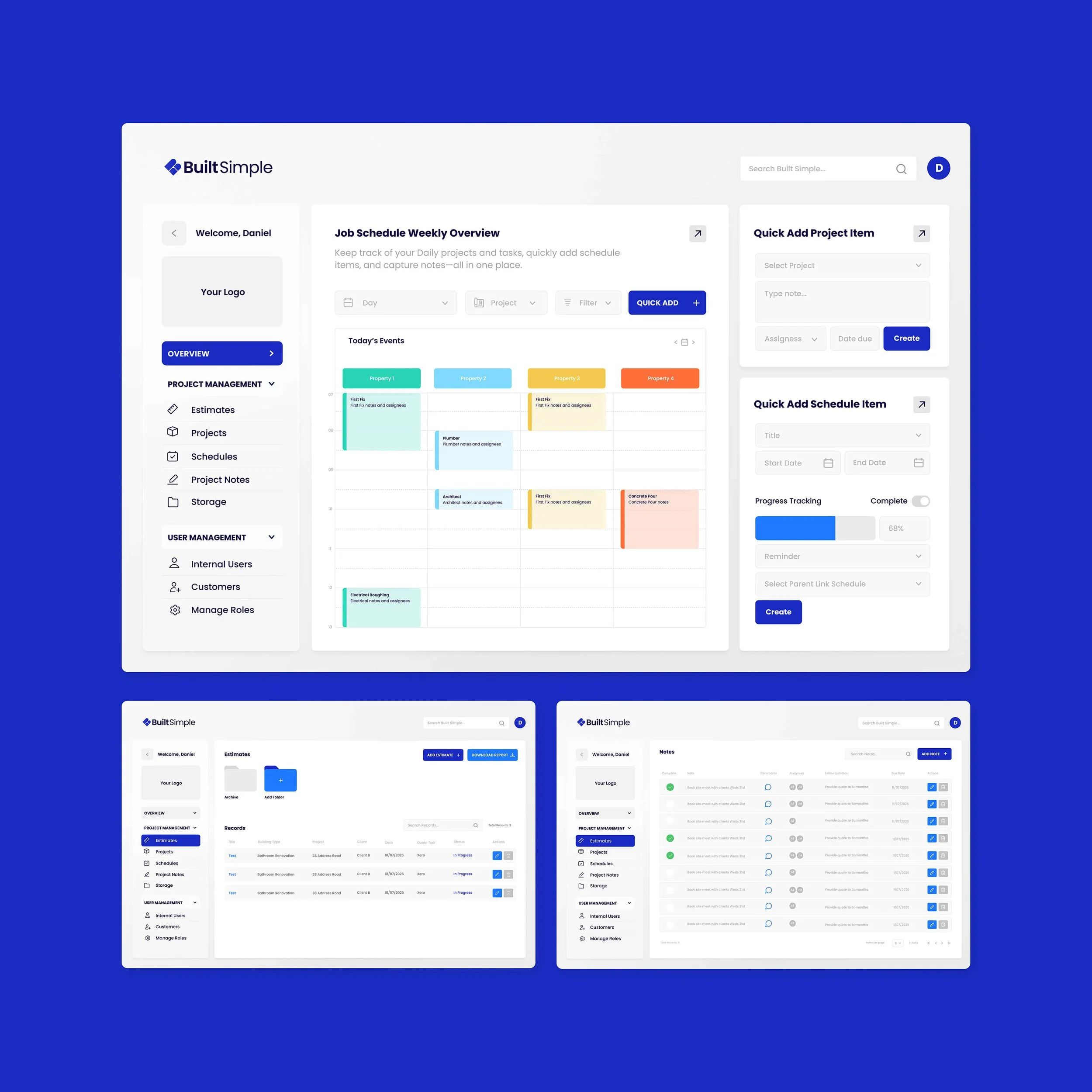 Built Simple dashboard home screen displaying project schedules, task management, project updates and key construction management tools.