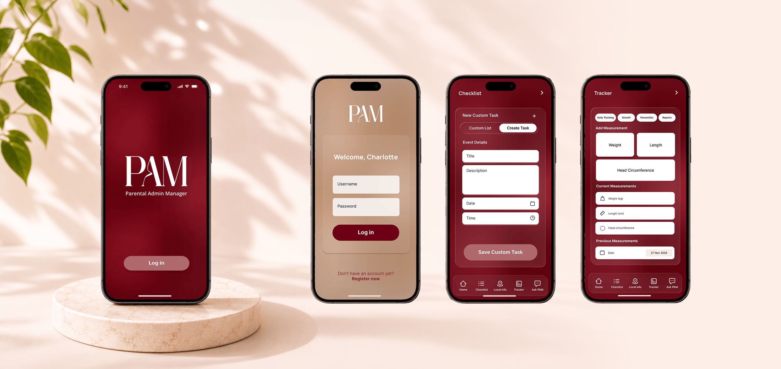 User interface design for the PAM parenting app, featuring intuitive mobile screens, family organisation tools and a clean, accessible user experience.