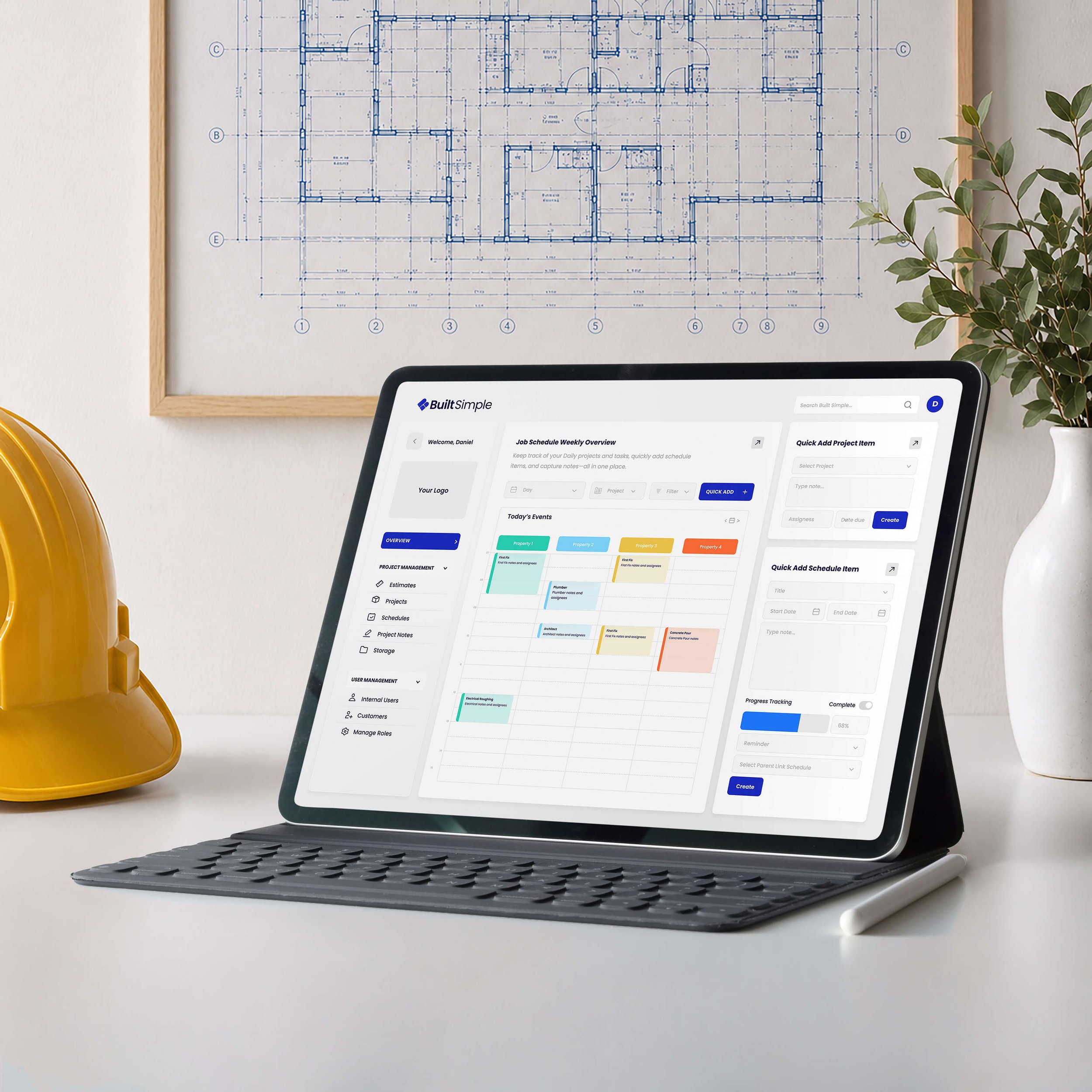 Built Simple dashboard home screen displaying project schedules, task management, project updates and key construction management tools.