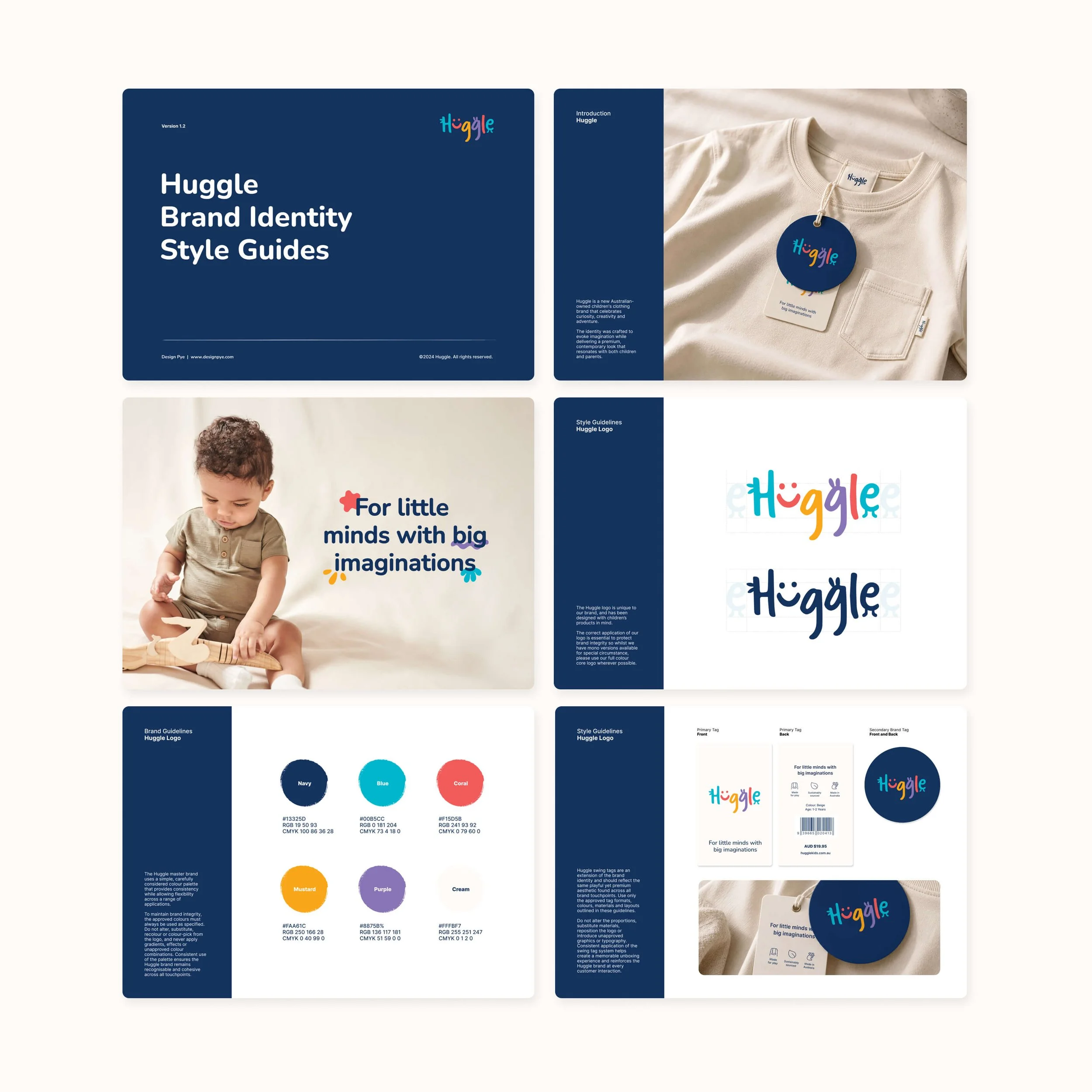 Huggle brand identity and packaging featuring a playful multicoloured logo designed for an early learning children's clothing brand.