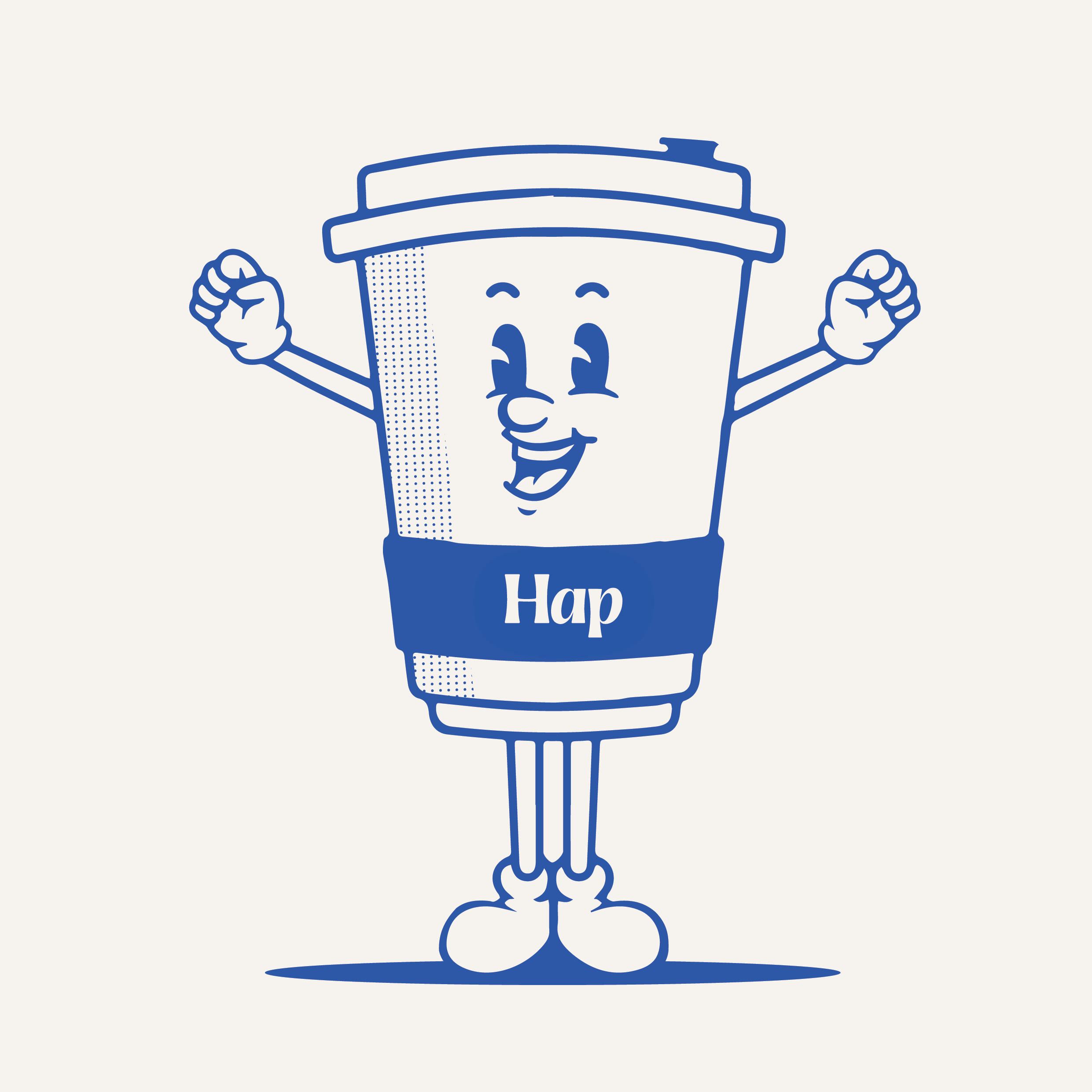 Custom mascot illustration system for Hap Cafe, featuring original character design for café branding, merchandise and visual identity.