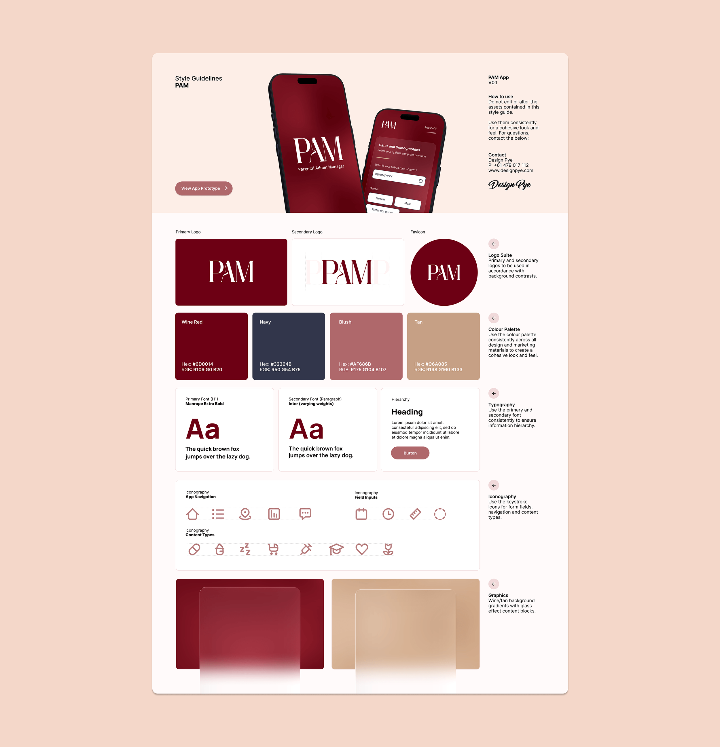Mobile app style guide for PAM (Parental Admin Manager), featuring brand colours, typography, interface components and a comprehensive design system for development.