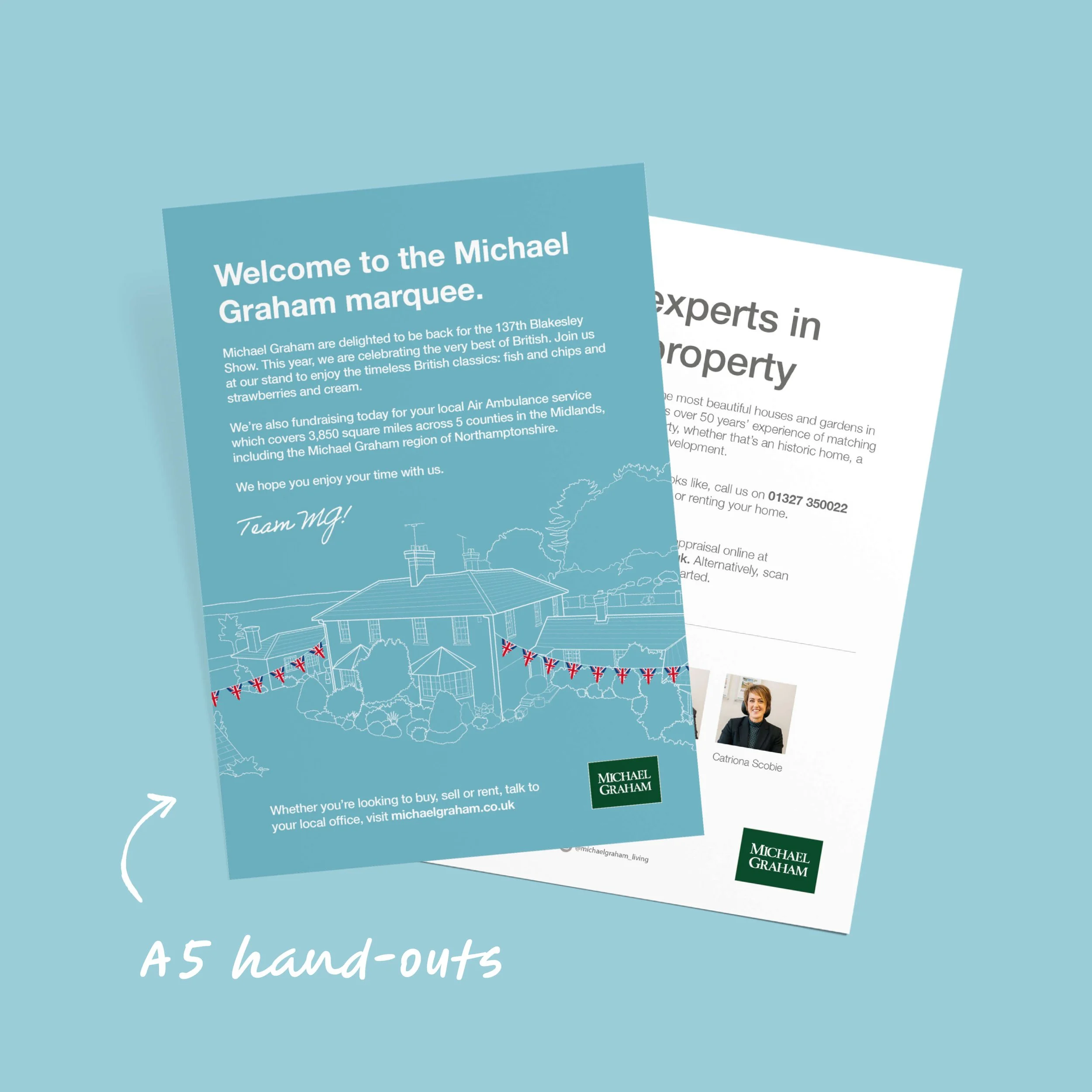 Promotional print and branded merchandise including event flyers, food packaging and custom hessian tote bags to extend the brand experience beyond the stand.