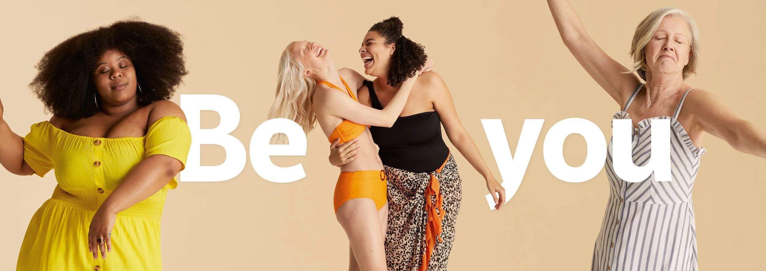Tu Clothing rebrand campaign featuring three unretouched street-cast models and ‘Be You’ campaign typography, celebrating body positivity and an authentic representation of real women.