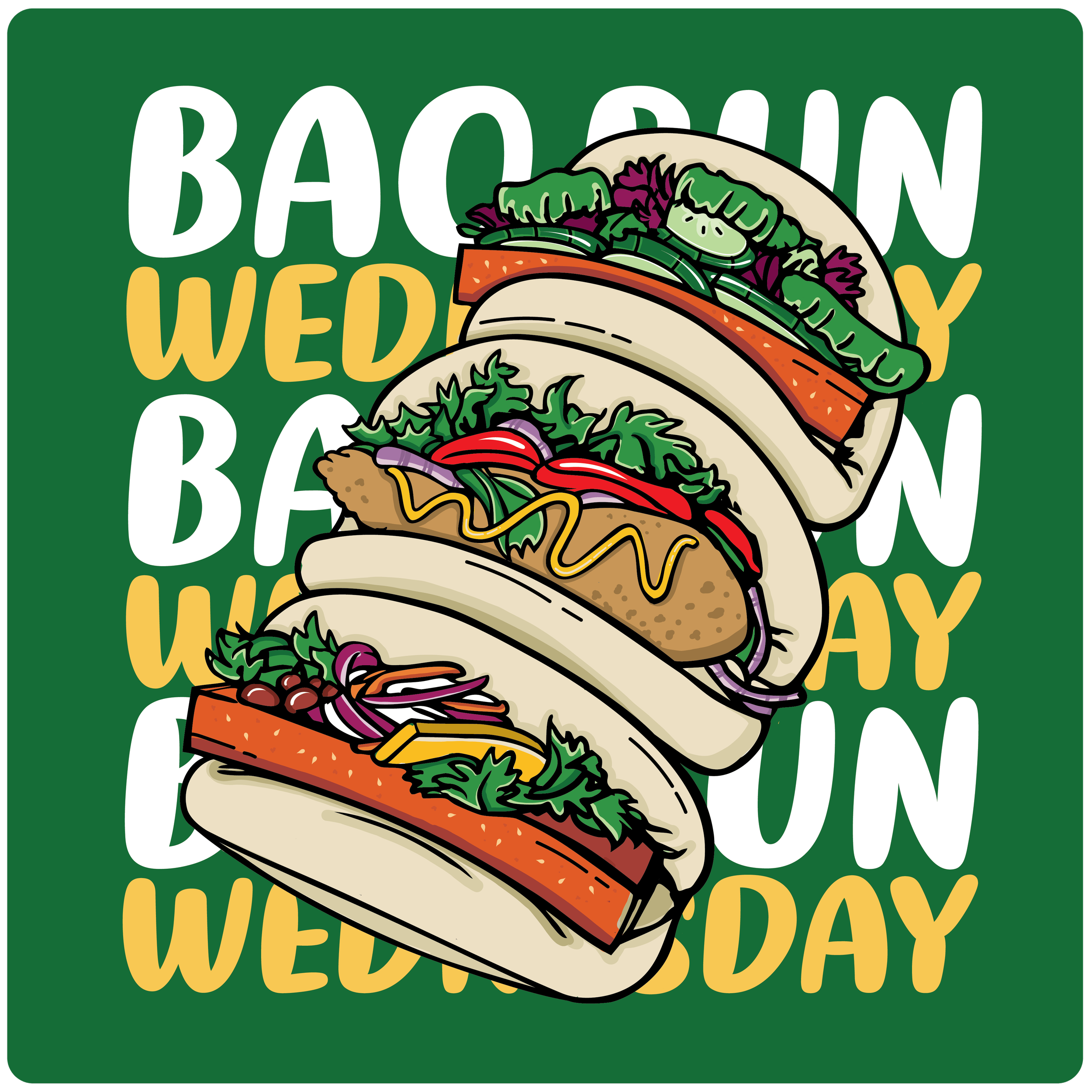 Custom social media design for Craftsman's Corner promoting Bao Bun Wednesdays through illustrated hospitality marketing and bold event branding.