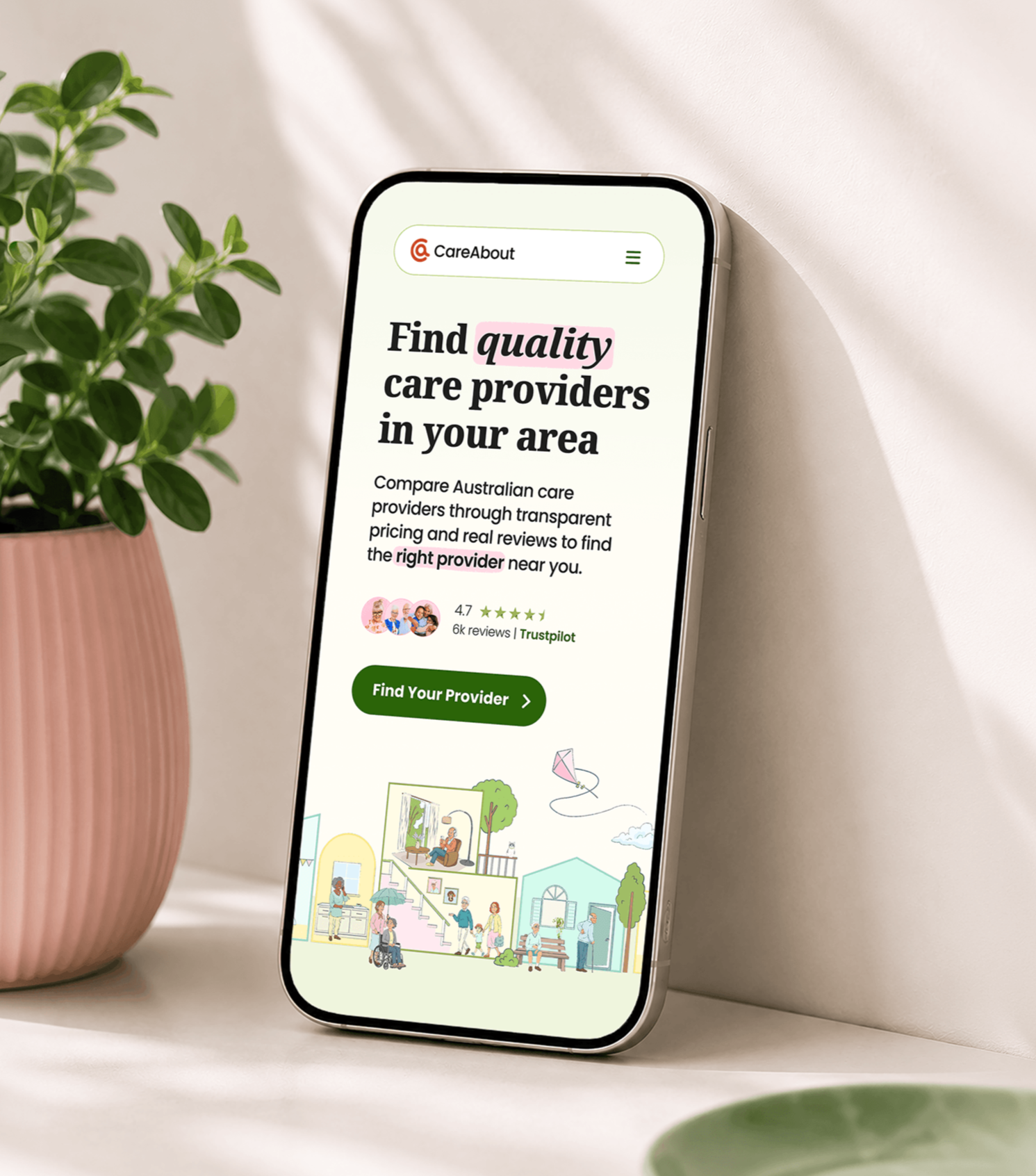 Mobile view of the CareAbout aged care directory, designed to help Australians search, compare and find suitable care providers online.