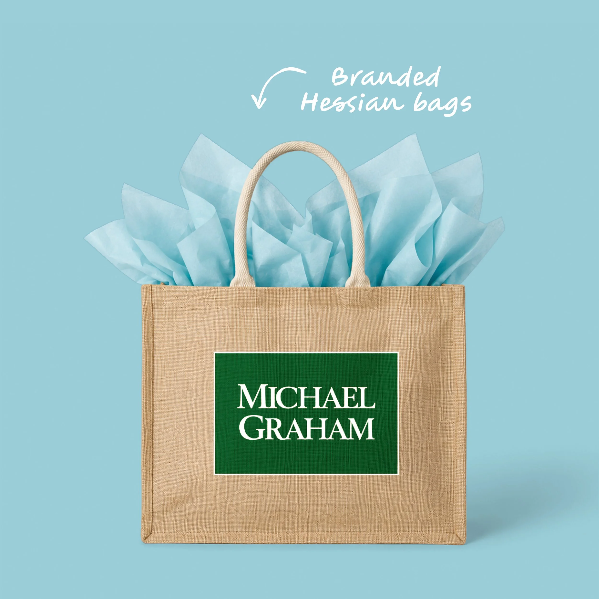 Promotional print and branded merchandise including event flyers, food packaging and custom hessian tote bags to extend the brand experience beyond the stand.