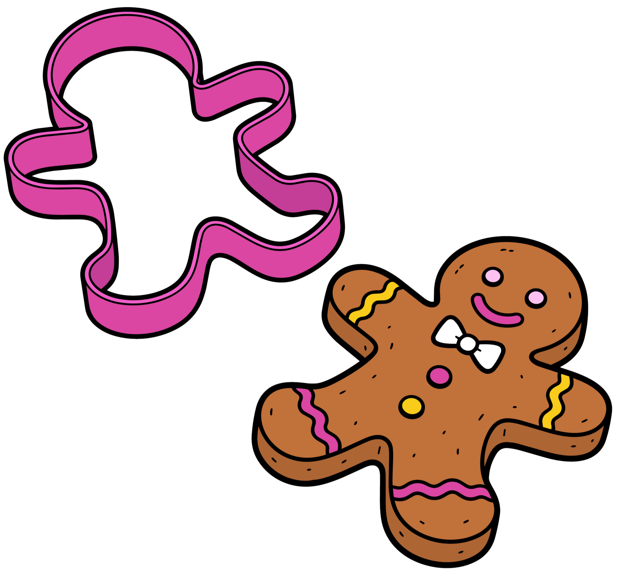 A pink, cartoon-style ribbon, a brown cartoon dog with pink spots, a white face, and a yellow nose.