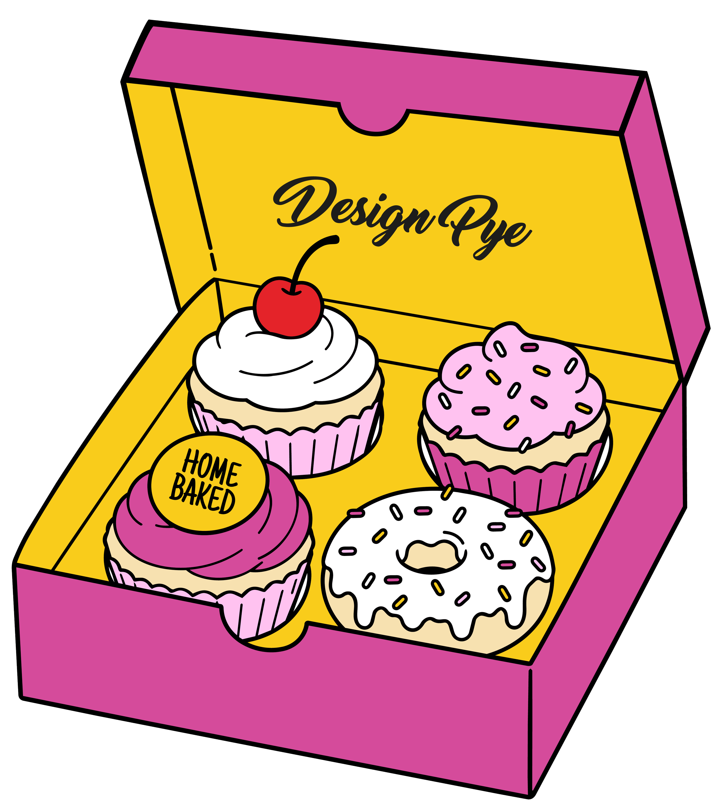 Colorful box with cupcakes and doughnut inside, with the words 'Design Pye' and 'Home Baked' written on the packaging.