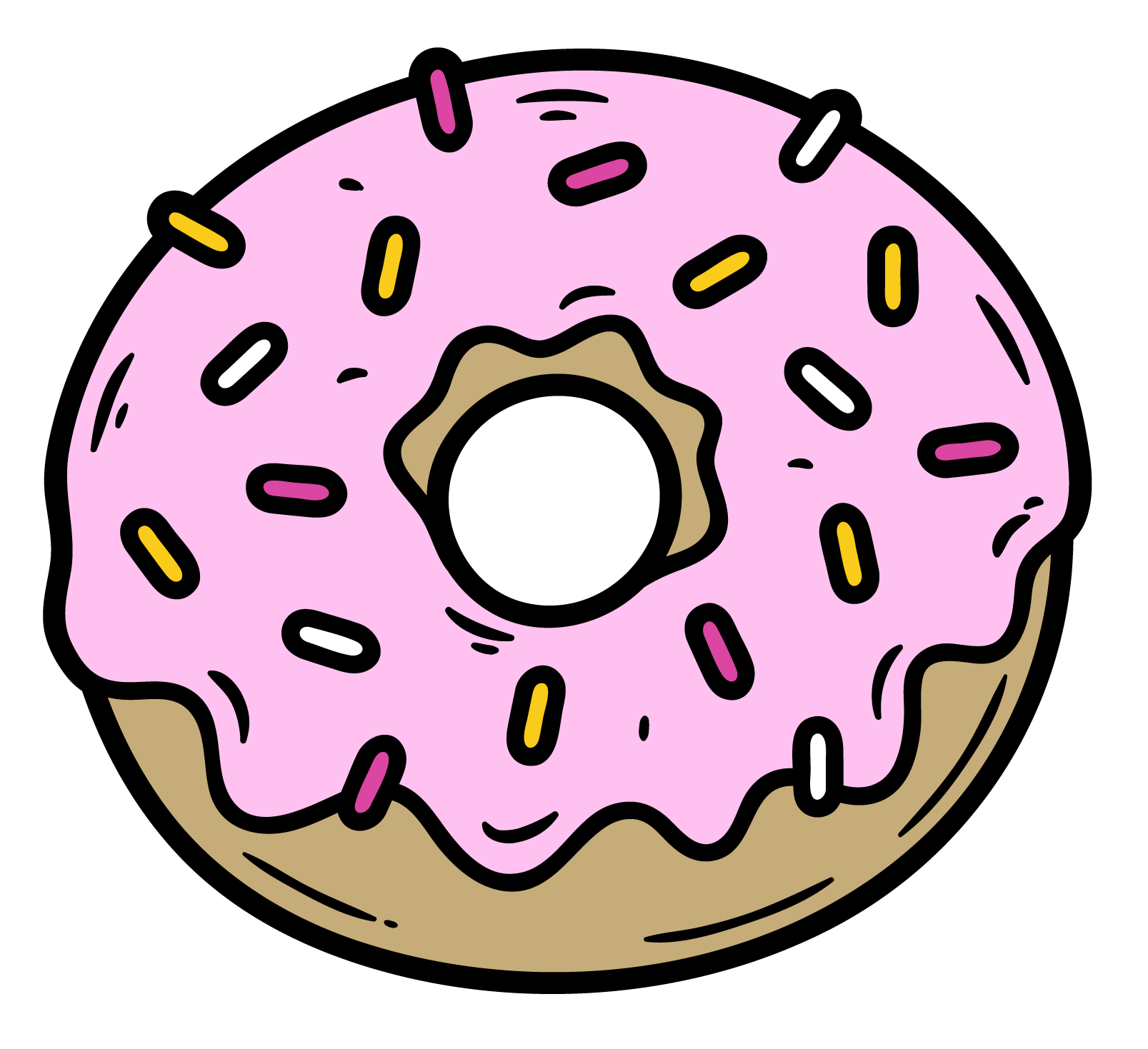 Illustration of a donut with pink icing, colorful sprinkles