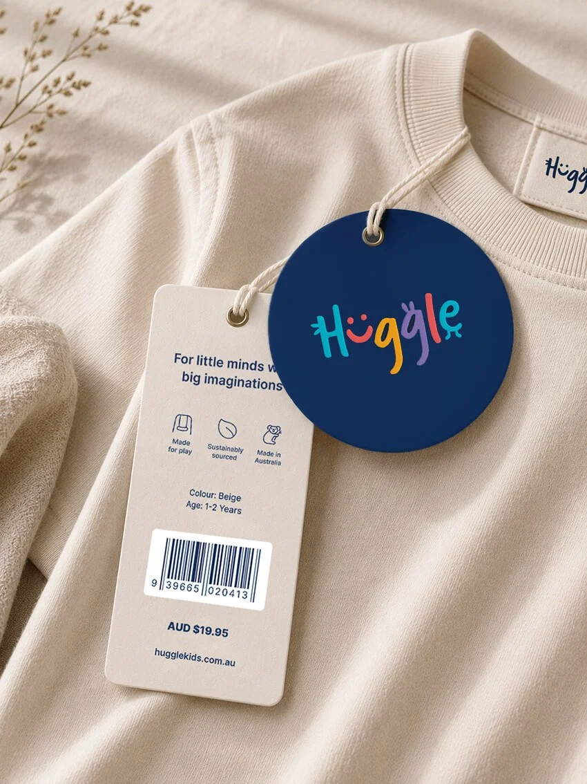 Huggle brand identity and packaging featuring a playful multicoloured logo designed for an early learning children's clothing brand.