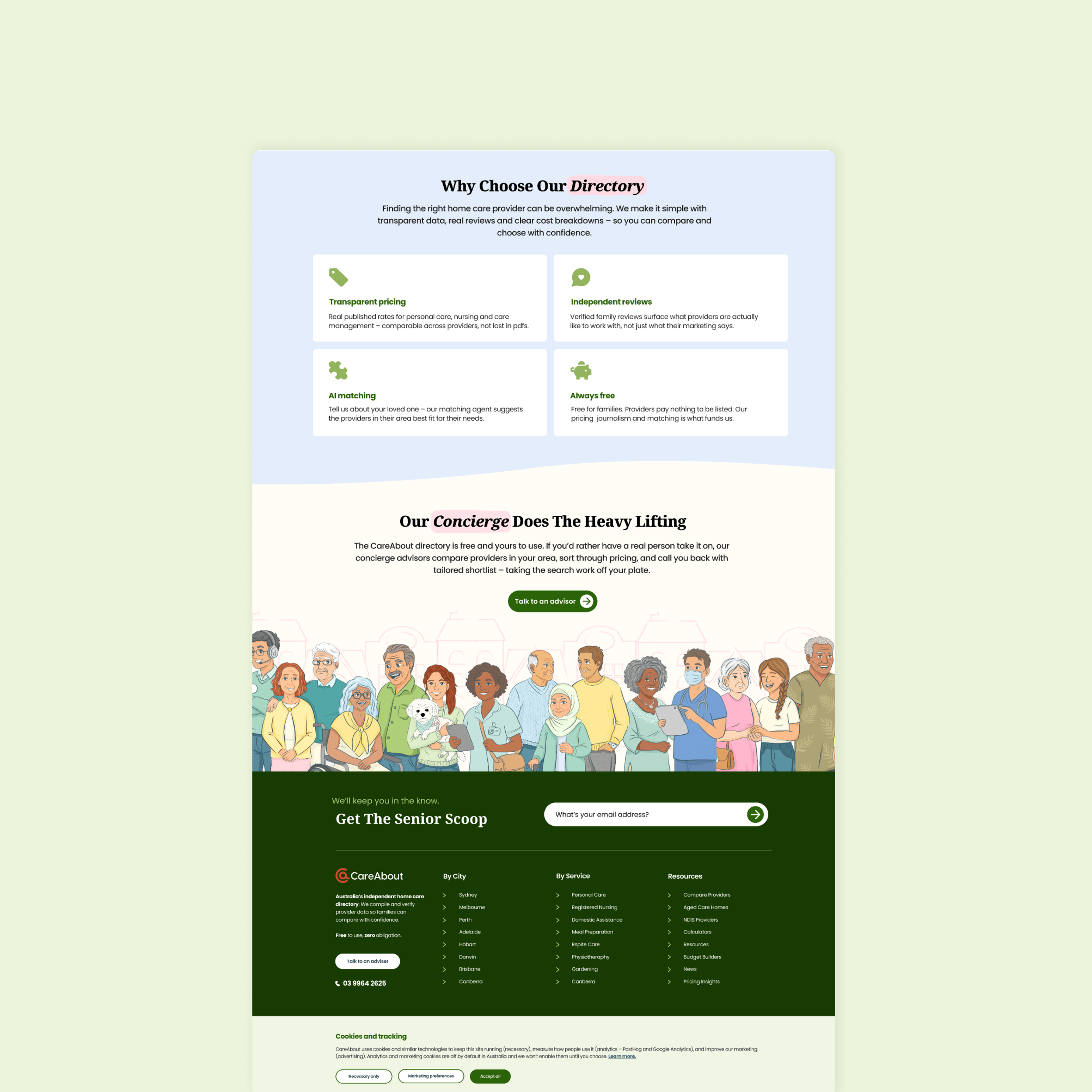 CareAbout aged care directory wireframes mapping the user journey, page structure and search experience across desktop and mobile.