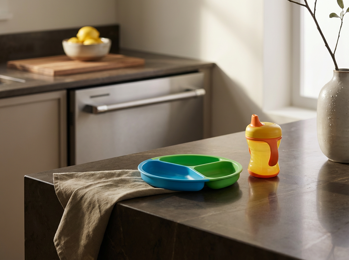 Colorful toddler plate and sippy cup on a kitchen table with a beige cloth, in a kitchen with natural light, a bowl of lemons, and a flower vase.