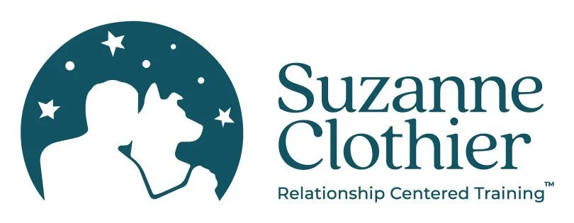 Logo for Suzanne Clothier Relationship Centered Training featuring a silhouette of a person and a dog against a circular background with stars.