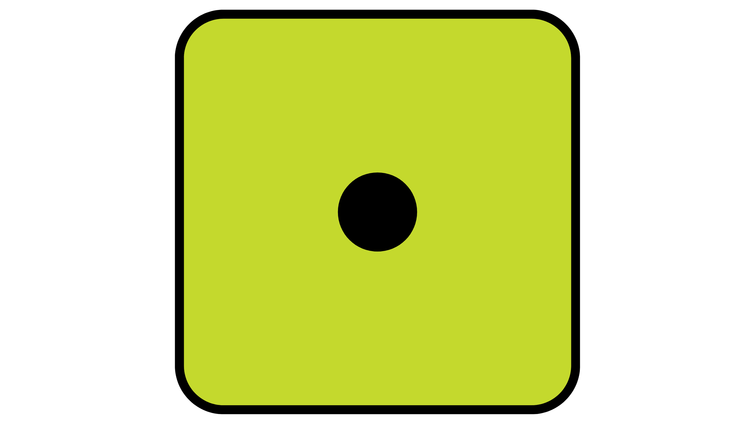 A lime green 3D square with rounded corners and a black circle in the center.