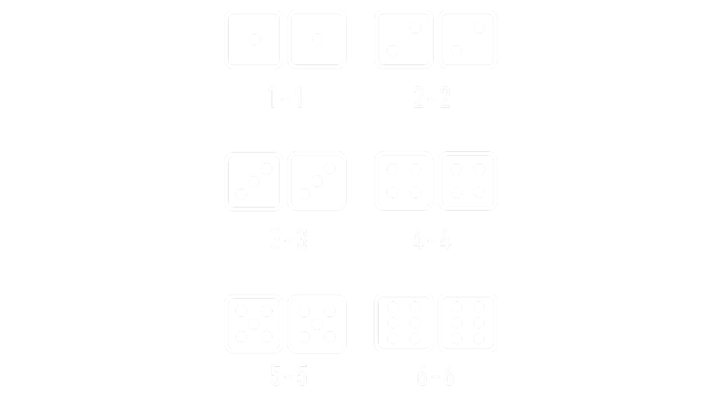 Diagram showing different dice combinations for matching numbers: top row with dice showing 1-1, 2-2, 3-3, 4-4, 5-5, 6-6; bottom row with dice showing various combinations.