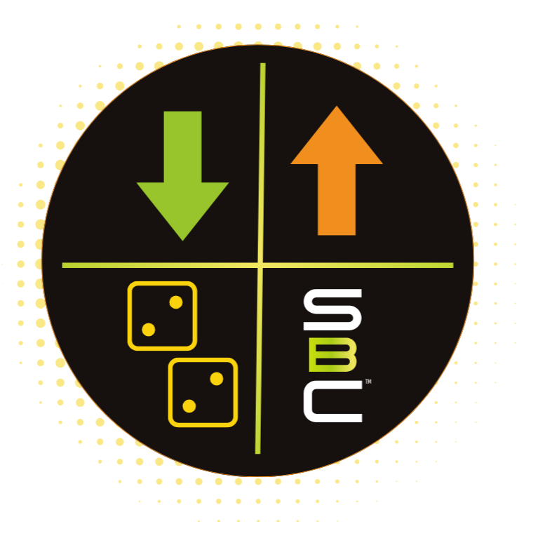 A circular graphic divided into four quadrants with arrows pointing up and down, dice icons, and the words "ISUB" on a black background.