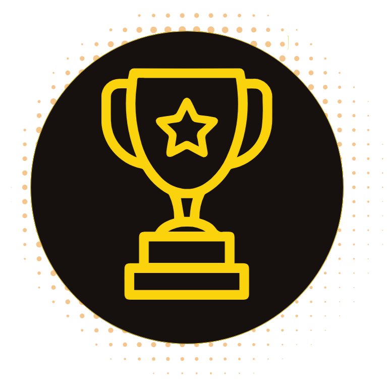 Icon of a trophy with a star in the center, outlined in yellow on a black circular background with orange dotted accents.