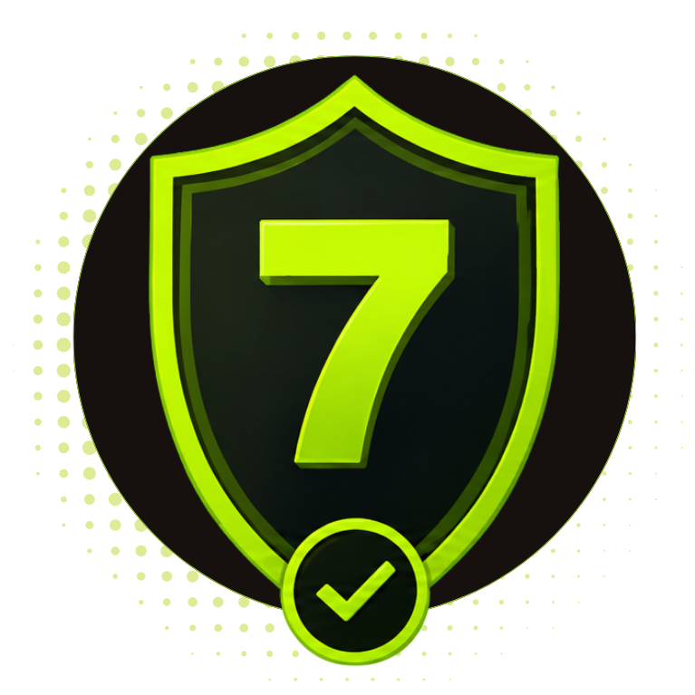 A digital badge featuring a shield with the number 7 and a check mark at the bottom, symbolizing achievement or security.