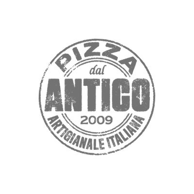 Logo for Pizza del Antico, established in 2009, featuring a circular design with the restaurant's name and a decorative border.