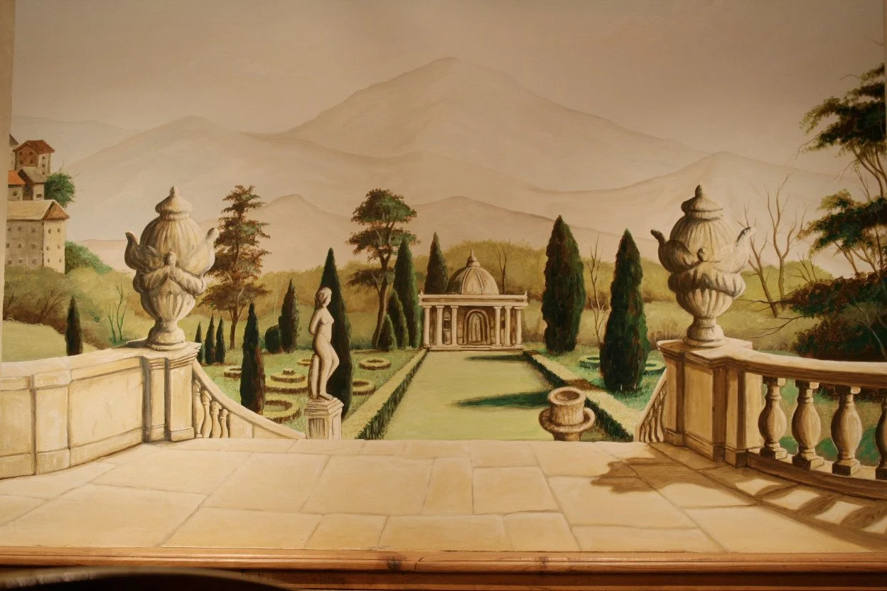 Painting of a classical garden scene with statues, pergola, cypress trees, and a mountain backdrop.