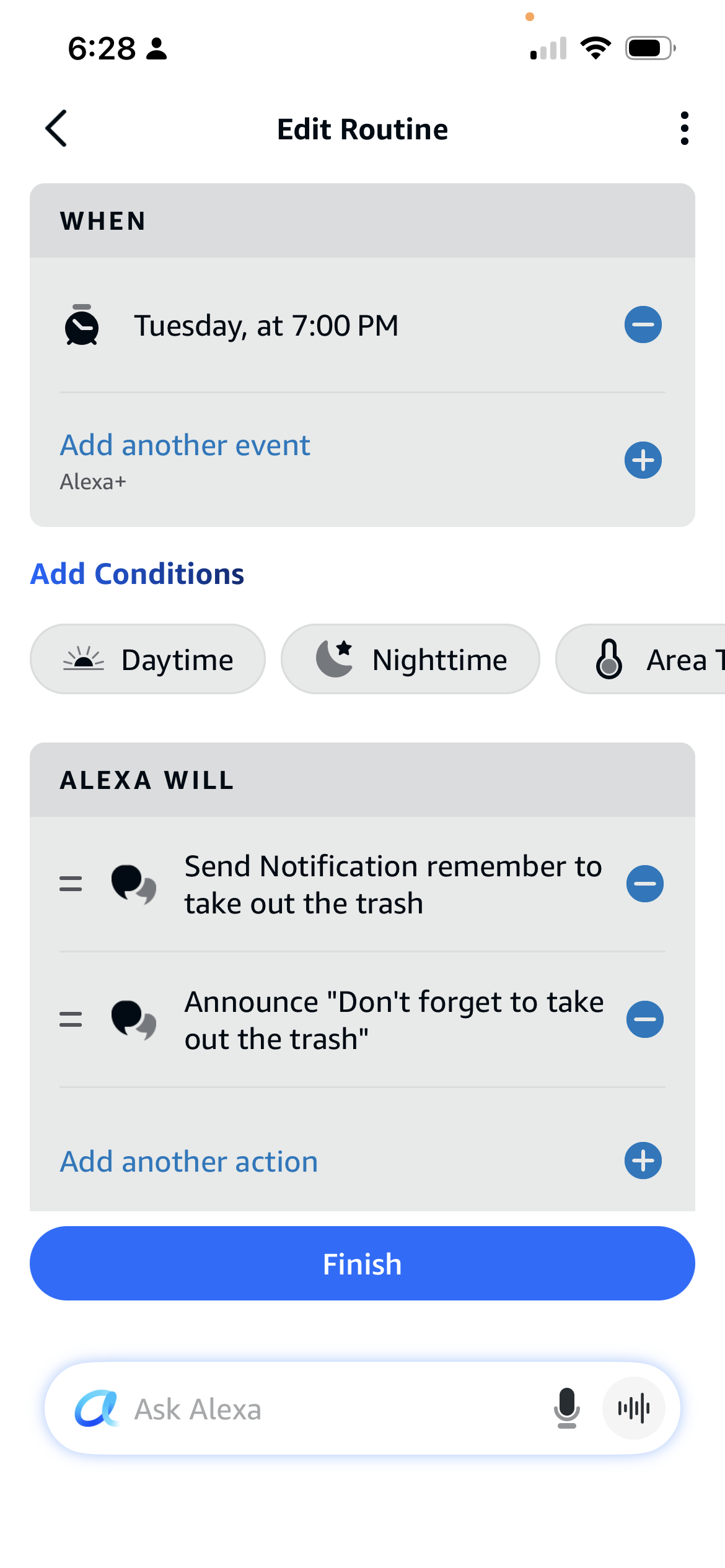 Screenshot - Alexa Routine for Trash Day