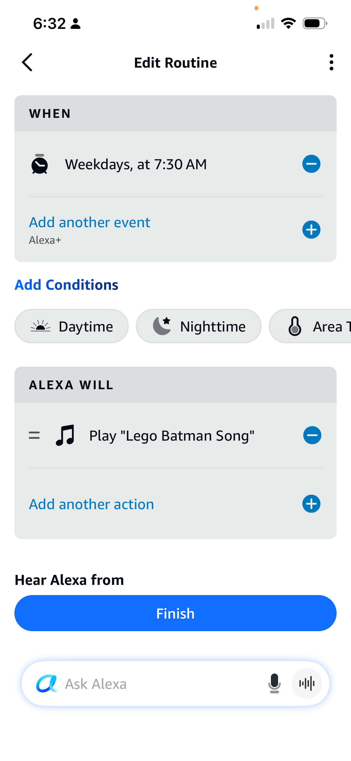 Screenshot of Alexa Routine Morning Alarm