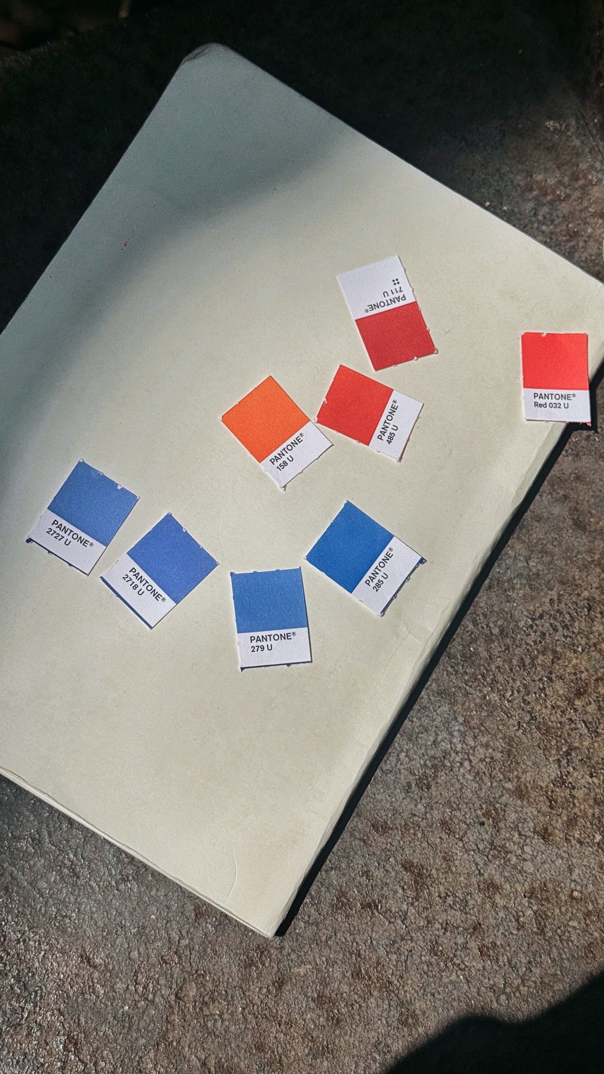 Color swatches of Pantone paint colors on a white surface, including shades of blue, orange, and red, labeled with Pantone codes.