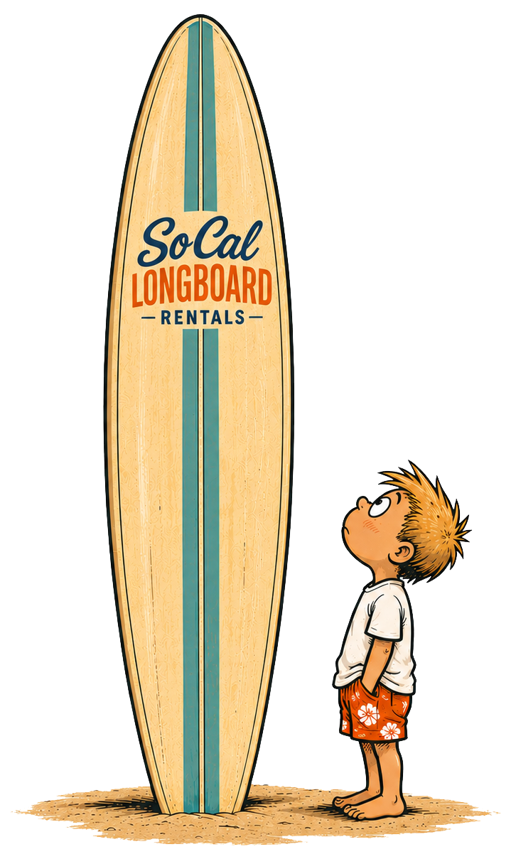 A cartoon boy with spiky hair, wearing a white t-shirt and red shorts with white flowers, stands on the sand looking up at a large surfboard advertising So Cal Longboard Rentals.