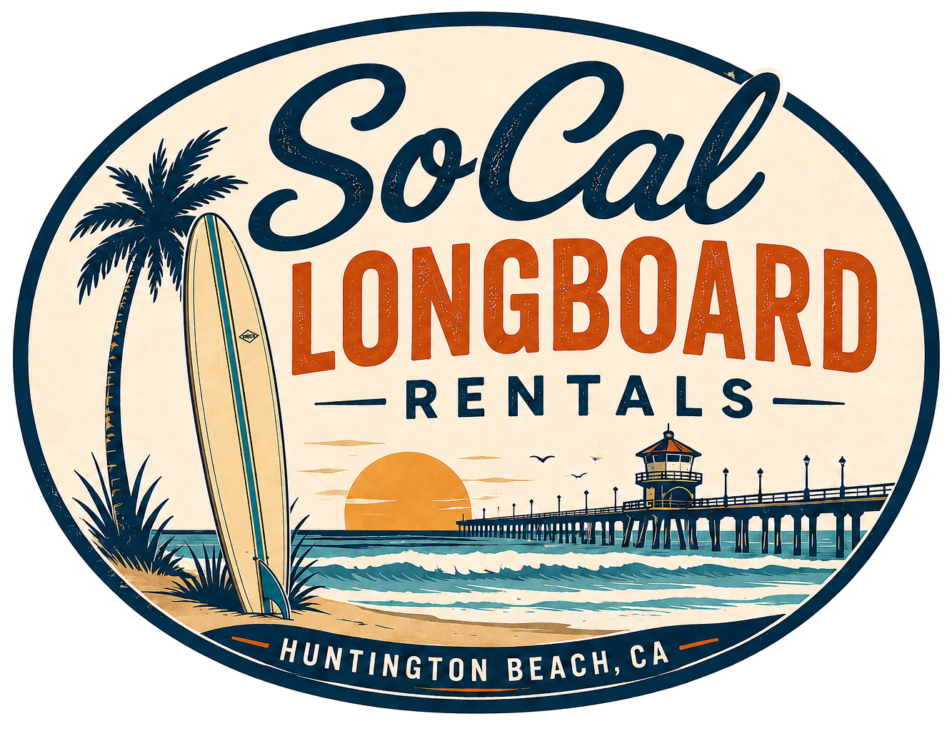 Vintage style sign for So Cal Longboard Rentals at Huntington Beach, California, featuring a surfboard, palm tree, sunset, pier, and ocean waves.