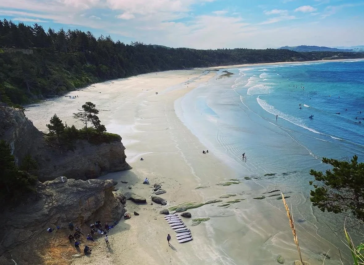A scenic coastal view of a sandy beach with ocean waves. There are people walking, sitting, and surfing in the water. The beach is bordered by cliffs and trees under a partly cloudy sky.