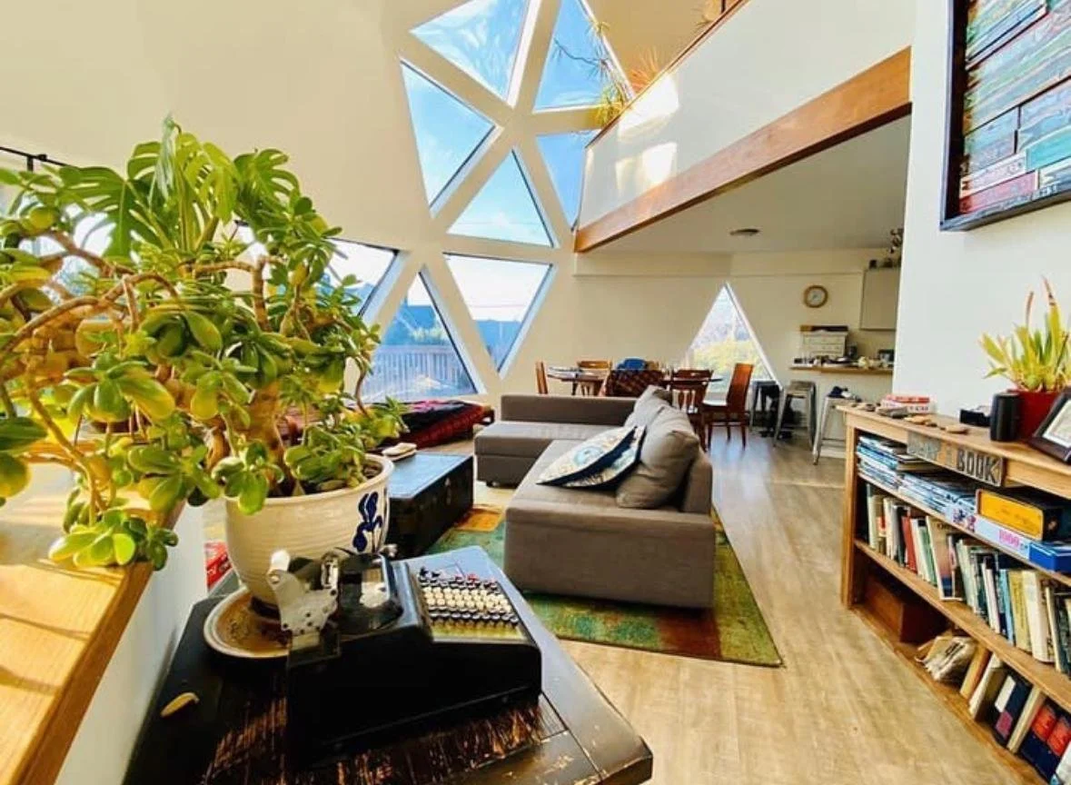 Interior view of a modern living room with large geometric windows, a gray sofa with pillows, a wooden bookshelf filled with books, a dining area with a table and chairs, and a large potted plant.