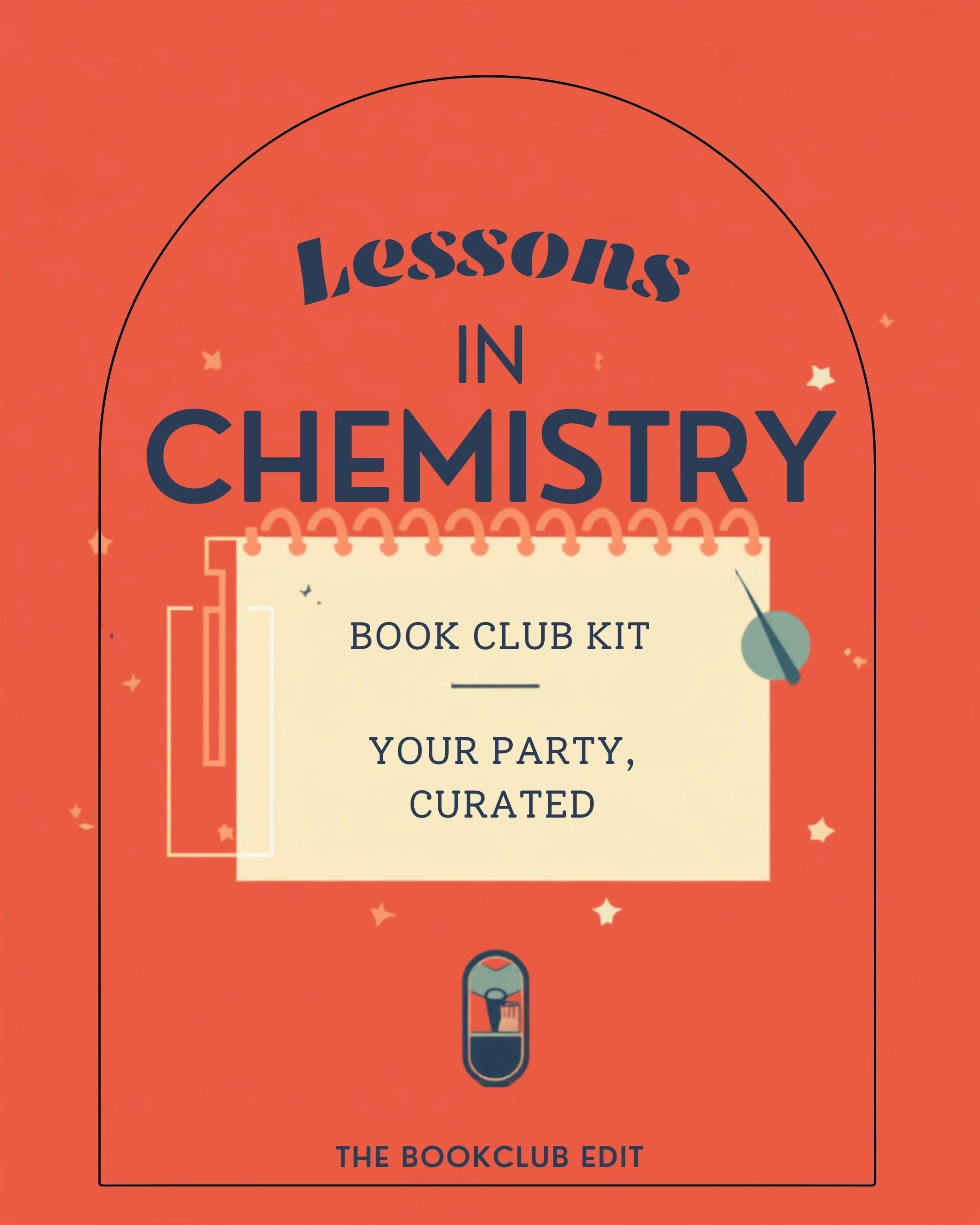 Coral, cream, and navy with a mid-century modern twist. Smart, funny, and quietly furious — this kit matches the energy of Elizabeth Zott perfectly. The Supper at Six cocktail and a menu of retro-inspired bites set the scene for your best book club c