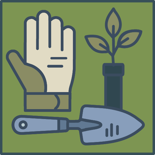 A gardening illustration showing a glove, a trowel, and a potted plant with three leaves on a green background.