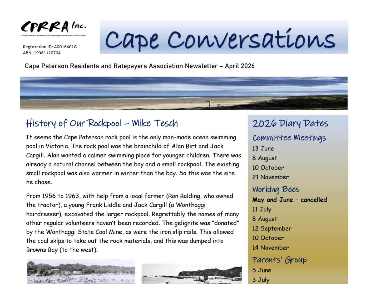 Newsletter from Cape Paterson Residents and Ratepayers Association with a beach scene at the top, featuring a sandy beach, calm ocean, and cloudy sky. The newsletter includes sections on local history, diary dates, meetings, and parent group activities.