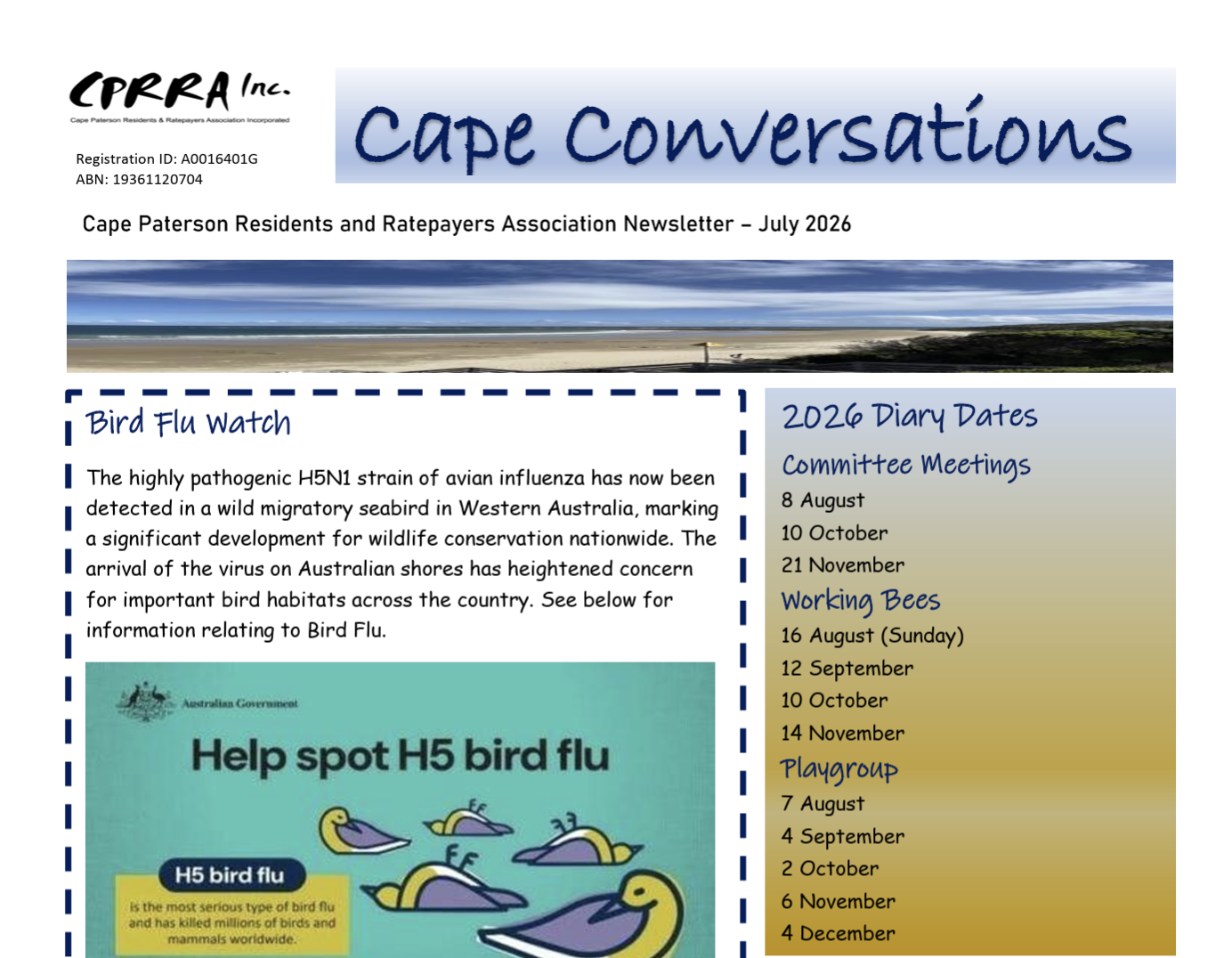 Cover page of Cape Paterson Residents and Ratenavers Association newsletter for July 2026, featuring a beach scene with sand, sea, and sky, and sections titled Bird Flu Watch, 2026 Diary Dates, Committee Meetings, Working Bees, and Playground.